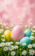 colored Easter eggs around the  green grass and  white daisy flowers. festive easter design