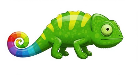 Fototapeta premium Bright green chameleon with curly tail stands still showcasing its colors on white background