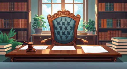 Empty wooden chair in front of a law desk with papers and a gavel on top anime cartoon style illustration artwork design background
