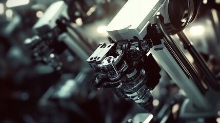 Close-up view of complex robotic arm mechanisms in a factory setting. 