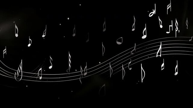 Musical Symphony in Motion: A flowing visualization of musical notes dancing across a dark, evocative backdrop, designed to capture the essence of sound, harmony, and the creative spirit. 