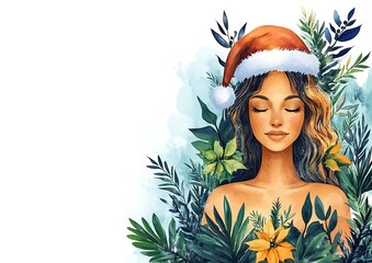 Woman in Santa Hat, Botanical Decor