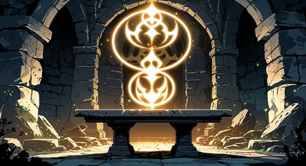Glowing magical sigils floating above a stone table in an ancient dungeon anime cartoon style illustration artwork design background
