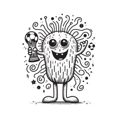 A cheerful monster holding a soccer trophy and a ball, surrounded by stars and fun swirls.