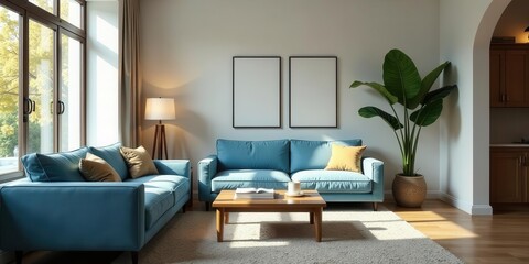 Fototapeta premium Modern Living Room Interior Design with Teal Couches and Natural Light