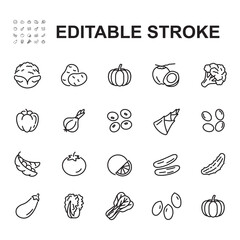 Vegetables icons collection. Thin line style vectors. Contains icons such as peanuts, broccoli, cucumber and many more.