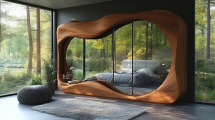 Modern Bedroom with Curved Wooden Frame and Forest View
