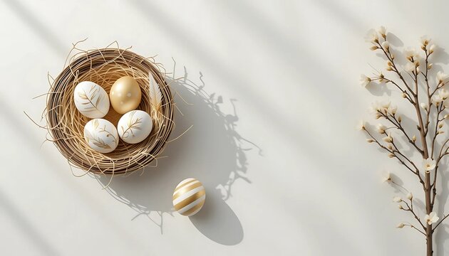 Easter eggs in a luxurious white and metallic gold color, flat lay design to celebrate easter holiday season