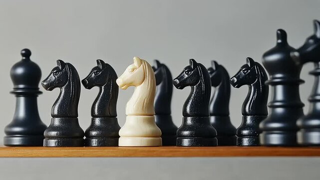 White Knight Among Black Chess Horses on Wooden Board