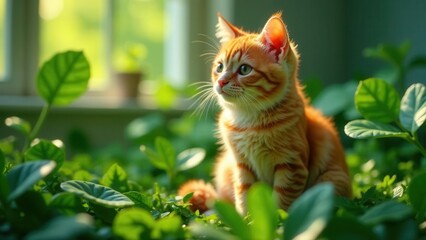 A ginger kitten amidst lush green foliage, bathed in sunlight, gazes thoughtfully into the distance, a serene moment captured in nature's embrace.