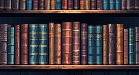 Row of old legal books arranged on a wooden shelf in a dark room anime cartoon style illustration artwork design background