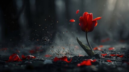 Obraz premium Red Tulip Defies Darkness Amidst Ashen Soil and Scattered Petals