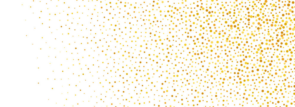 Bright gold confetti background. Golden dotted glitter pattern. Yellow dot sparkles and particles wallpaper. Celebration Christmas, New Year or birthday party decoration backdrop. Vector