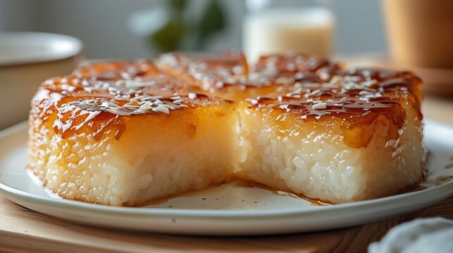 Filipino biko sticky rice cake coconut caramel topping sliced on a white dessert plate