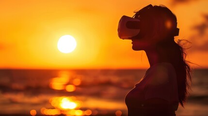 Silhouette of Woman with VR Headset Enjoying Sunset on Beach