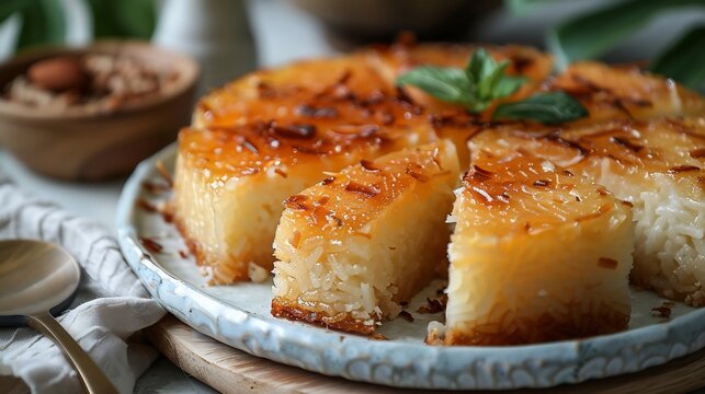 Filipino biko sticky rice cake coconut caramel topping sliced on a white dessert plate