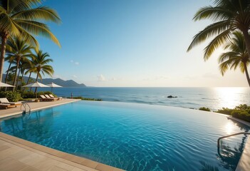 Luxurious infinity pool overlooking ocean at tropical resort in the evening