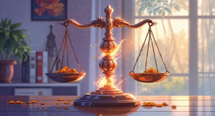 Scales of justice with a glowing balance anime cartoon style illustration artwork design background