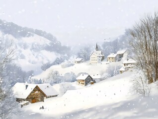 Winter Village Scene in Snowy Landscape with Houses Mountain Background and White Snow Covering in Switzerland