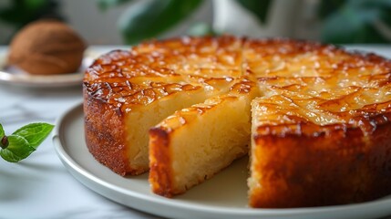Filipino cassava cake golden coconut topping sliced and served on white ceramic dish