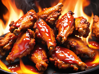 chicken wings and barbecue with flames on fire, on black background