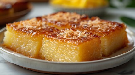 Filipino cassava cake golden coconut topping sliced and served on white ceramic dish