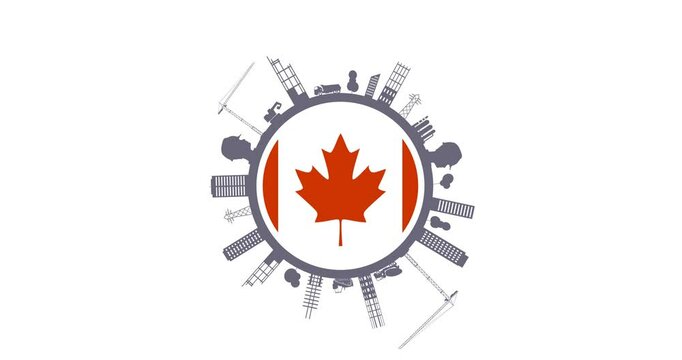 Urban construction innovative skyscrapers currently under development and planning. Tower crane on residential building construction site. Modern townhome building. National flag of Canada