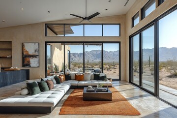Obraz premium Modern living room with black steel furniture, tan walls, dark green chairs, vaulted ceilings, large windows overlooking Arizona desert, contemporary art, and HUSH breeze chandelier.