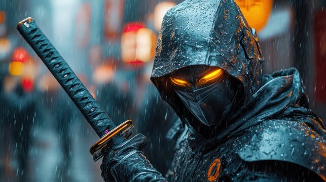 Mysterious ninja warrior glowing eyes katana