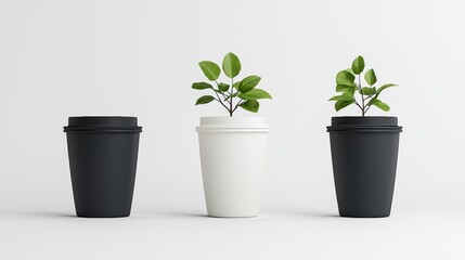 Two black and one white disposable coffee cups with small green plants sprouting from the center cup on a white background.