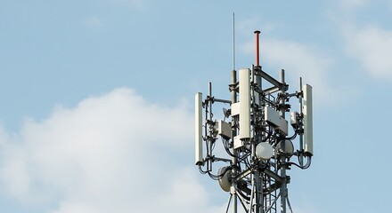 Mobile telecom tower with antennas and blue sky