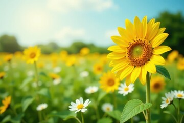 Obraz premium One bright yellow sunflower in field of white flowers, choice, dazzling