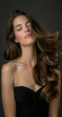 Fototapeta premium Elegant portrait of a confident woman in a black dress with graceful hair