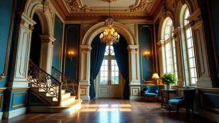Obraz premium Grand Estate Entrance Hallway with Ornate Staircase and Luxurious Furnishings