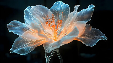 A glowing ethereal flower with intricate details against a dark backdrop
