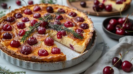 French clafoutis baked custard cherries sliced and served on white ceramic plate