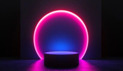 Neon circle podium, dark backdrop