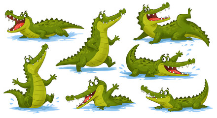 Fototapeta premium Colorful cartoon alligators in dynamic poses, showcasing a playful mood