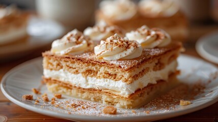 French dacquoise almond meringue layered dessert cream sliced and arranged on a white plate
