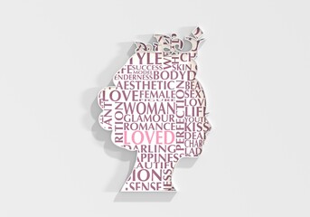 Profile view silhouette of a princess or queen. Cute girl portrait textured by keywords tag cloud. Fashion branding emblem. 3D render