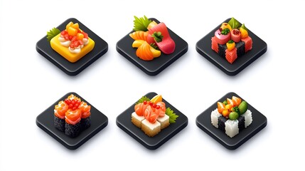 Generation Alpha food menu: a charming isometric of colorful Tropical Stir-Fry food icons on a white background.