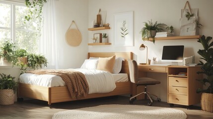 Organized space with bed for all ages, rolling storage, and light wooden desk