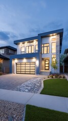 Modern Home Exterior at Dusk with Contemporary Design Landscaping and Warm Interior Lights Illuminating the Facade Creating an Inviting Ambiance
