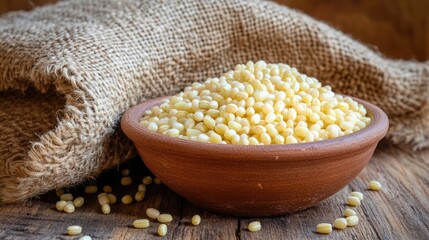 Polished mung beans in a clay bowl beside burlap sacks on a wooden surface