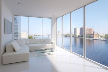 Fototapeta premium Bright modern living room with city view and river reflecting natural light through large windows creating a serene and spacious atmosphere for comfortable living