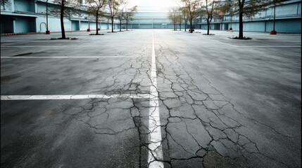 cracked parking lot showcases environmental impact with empty spaces and trees lining area, creating stark contrast