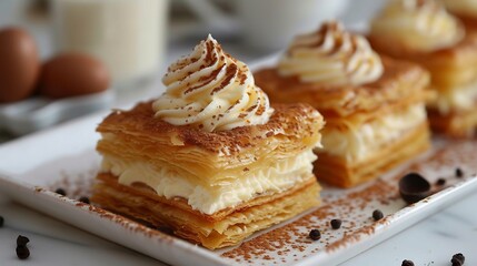 French mille feuille layers of pastry and vanilla cream served on a white rectangular tray