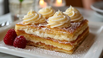 French mille feuille layers of pastry and vanilla cream served on a white rectangular tray