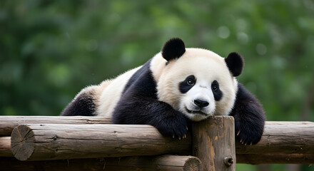 Obraz premium A cute baby panda lounges on a rustic wooden structure