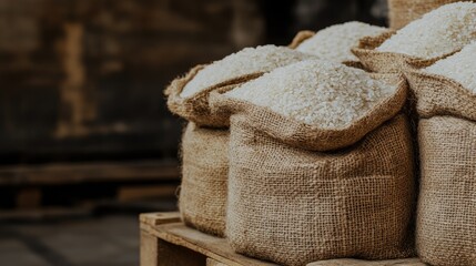 Thai jasmine rice in burlap bags stacked on a wooden pallet with soft shadows